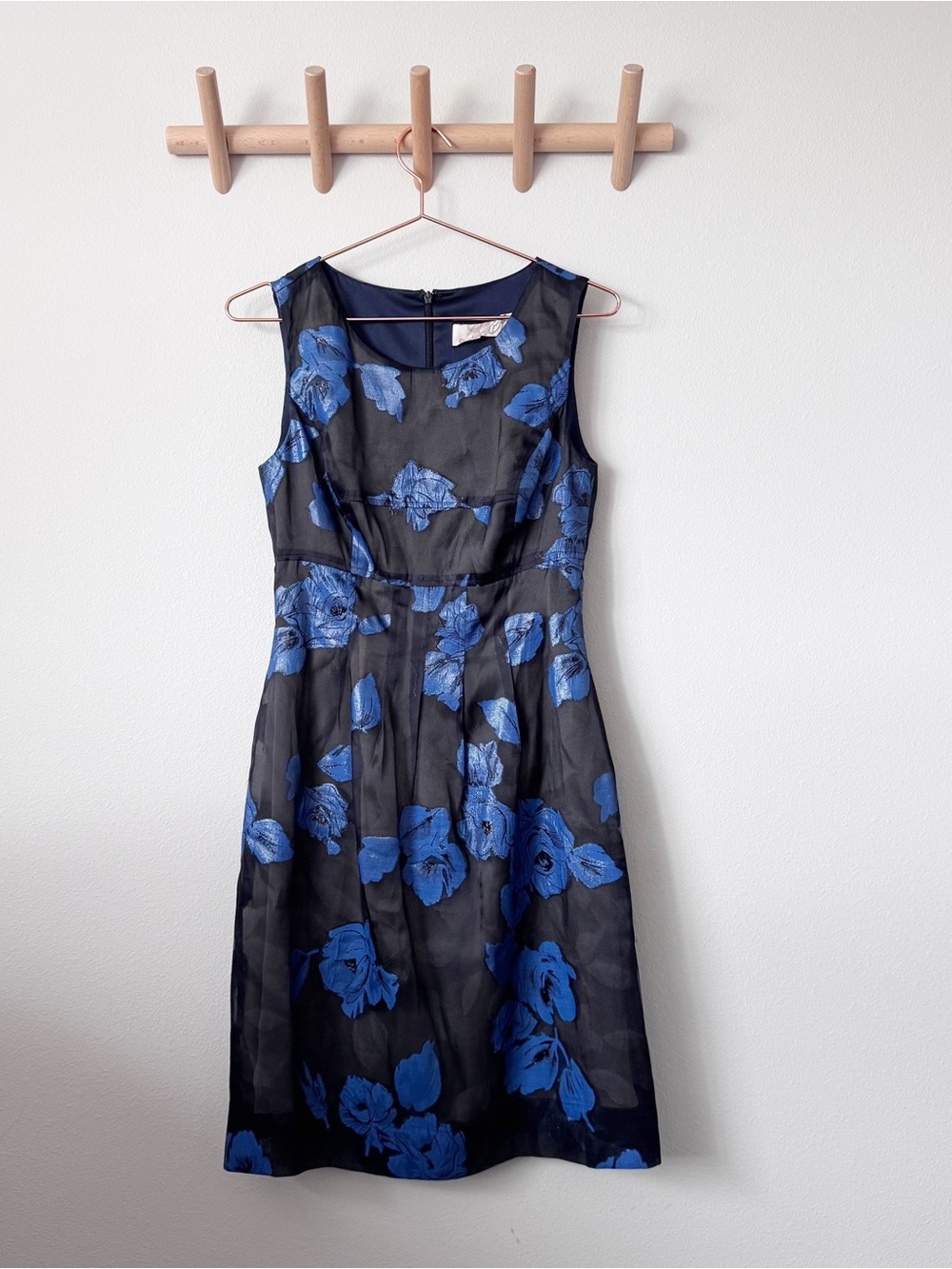 Lela Rose Silk Black Midi Dress with Blue Floral Appliqué